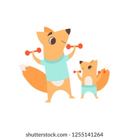 Loving father fox playing exercising with dumbbells with his kid, happy family of animals, parenting concept vector Illustration