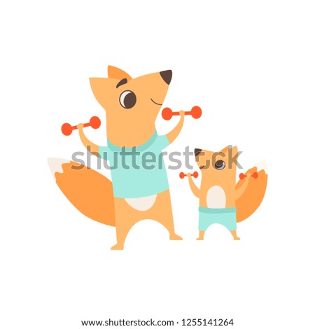 Loving father fox playing exercising with dumbbells with his kid, happy family of animals, parenting concept vector Illustration