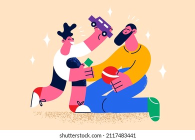 Loving father have fun play cars with small son on weekend at home. Happy caring dad enjoy time with little boy child involved in game together. Fatherhood and parenting. Vector illustration. 