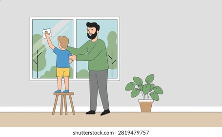 Loving father helping his young son stand on a wooden stool to clean the glass window together at home.