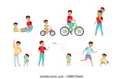 Loving Father and His Son Cycling, Walking, Playing Football and Flying Kite Vector Illustration Set