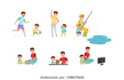 Loving Father and His Son Fishing, Playing Football, Building Nesting Box and Watching TV Vector Illustration Set