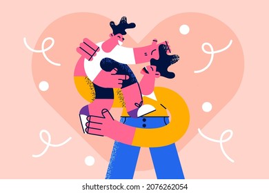 Loving father hold in arms excited little son have fun relax together. Caring young dad play with small boy child show support and affection. Family unity concept. Flat vector illustration.