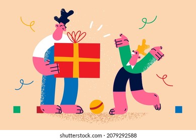 Loving father hold huge gift box greeting excited small son with birthday anniversary. Caring dad congratulate make surprise with present to happy little boy child. Celebration. Vector illustration. 