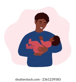 A loving father holds a baby in his arms. Man and little son family together. Vector flat graphics.