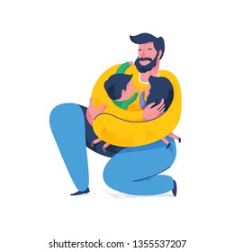 Loving father hugging children. Happy family illustration.