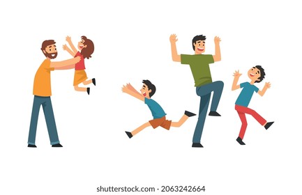 Loving Father Playing and Having Fun with His Kids Enjoying Good Time Together Vector Set
