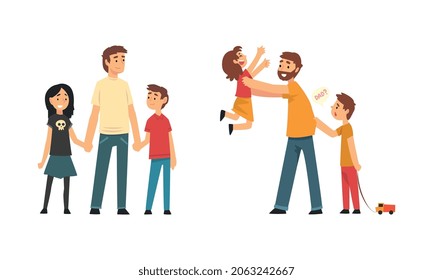 Loving Father Playing and Having Fun with His Kids Enjoying Good Time Together Vector Set
