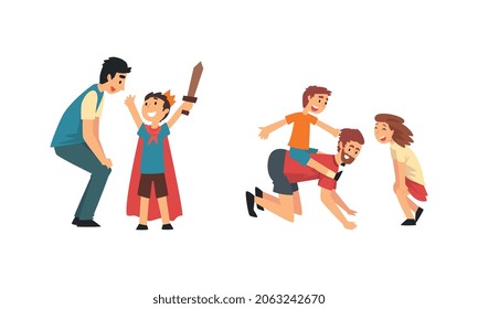 Loving Father Playing and Having Fun with His Kids Enjoying Good Time Together Vector Set
