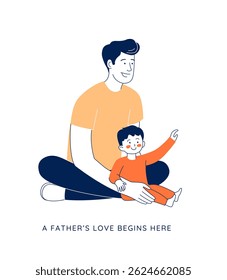 Pai apaixonado brincando com criança durante a licença parental em casa. O pai moderno senta-se no chão, ligando-se com seu filho em um momento cotidiano quente. Dia dos Pais e paternidade. Ilustração de vetor plano