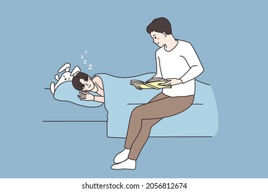 Loving father reading book to happy small teen son lying in bed sleeping in evening. Caring single dad read bedtime story to little boy kid. Family, fatherhood concept. Flat vector illustration. 