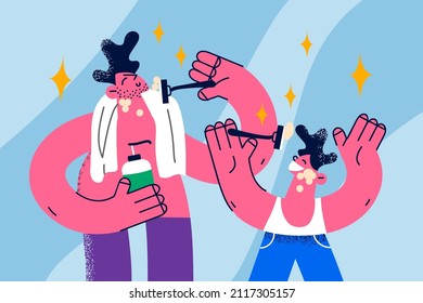 Loving father and small son have fun shaving together in home bathroom. Caring dad teach little boy child use razor for daily face care routine. Fatherhood concept. Flat vector illustration. 