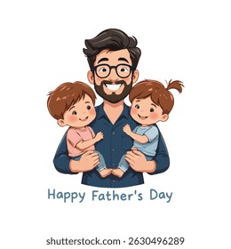 Loving Father with Son and Daughter Illustration.