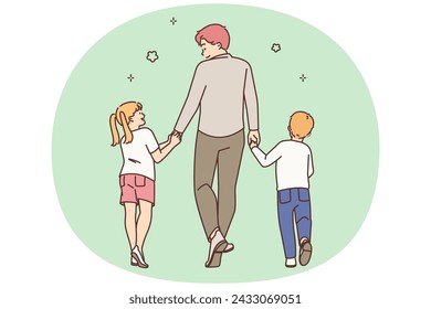 Loving father walking outdoors with kids. Caring young dad and little children holding hands enjoy family time together. Fatherhood. Vector illustration.