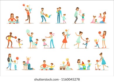 Loving Fathers Playing And Enjoying Good Quality Daddy Time With Their Happy Children Set Of Cartoon Illustrations