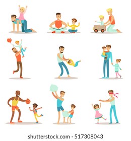 Loving Fathers Playing And Enjoying Good Quality Daddy Time With Their Happy Children Set Of Cartoon Illustrations