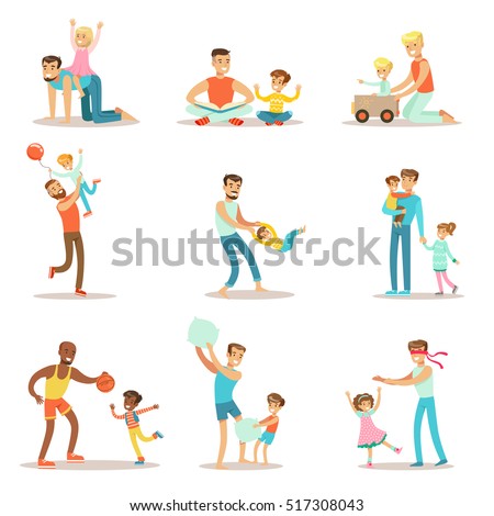 Loving Fathers Playing And Enjoying Good Quality Daddy Time With Their Happy Children Set Of Cartoon Illustrations