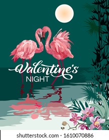 Loving flamingos in the reflection of water - vector illustration for posters and banners