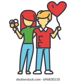 ?ouple loving with flowers and balloon concept. Line vector icon. Editable stroke. Flat linear illustration isolated on white background