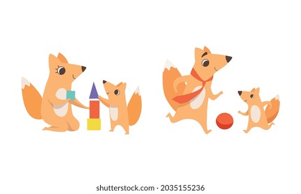 Loving Fox Mom and Dad Character with Its Cub Playing Toy Blocks and Ball Vector Set