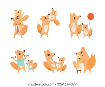 Loving Fox Mom and Dad Character with Its Cub Engaged in Different Activity Vector Set