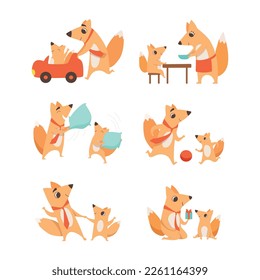 Loving Fox Mom and Dad Character with Its Cub Engaged in Different Activity Vector Set