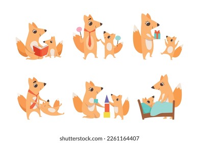 Loving Fox Mom and Dad Character with Its Cub Engaged in Different Activity Vector Set