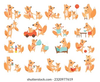 Loving Fox Mom and Dad Character with Its Cub Engaged in Different Activity Vector Big Set