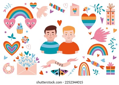 Amante pareja gay y varios objetos románticos lgbt alrededor, estilo de caricatura. Concepto de amor homosexual. Ilustración vectorial de moda aislada en blanco, dibujada a mano, plana 