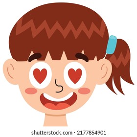 Cara amorosa de chica. Pequeño chico enamorado de los corazones en los ojos se vuelve clamoroso. Emoción emocionada. La expresión emocional se acerca. Ilustración vectorial de concepto