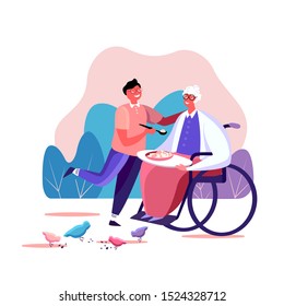 Loving grandchild feeding his old disabled granny in the wheelchair holding and supporting her. Family support concept illustration. Happy son caring for his senior mother receiving help. Flat vector