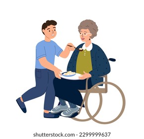 Loving grandchild feeding his old disabled granny in the wheelchair holding and supporting her. Family support concept illustration. Happy son caring for his senior mother receiving help. Flat vector