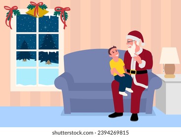Loving grandfather dresses up as Santa Claus and puts on the classic red outfit to bring joy and happiness to his delighted grandchild