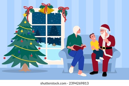 Loving grandparent sitting together with their grandchild with grandpa dresses up as Santa Claus and puts on the classic red outfit to bring joy and happiness to his delighted grandchild