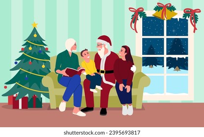 Loving grandparent sitting together with their grandchildren with grandpa dresses up as Santa Claus and puts on the classic red outfit to bring joy and happiness to his delighted grandchild