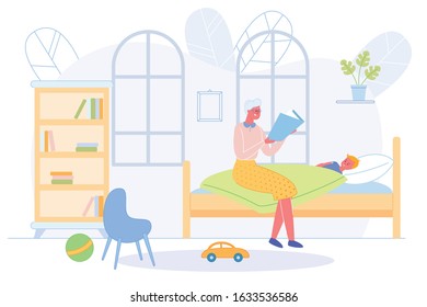 Loving Granny Sitting in Kids Room at Grandson Bed Reading Interesting Story to Baby before Night Sleeping. Boy Staying at Grandparents Home for Weekend or Vacation. Cartoon Flat Vector Illustration