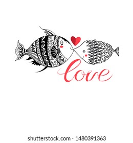 Loving graphic fish with heart isolated on white background. Valentine's Day greeting card template.