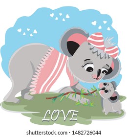 Loving greeting card with cute animal.Koala, mother and baby