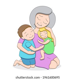 Loving grey-haired grandmother with two cute happy grandchildren, teenage boy and little girl, hugging each other, pastel palette, isolated on white background, editable strokes, vector illustration