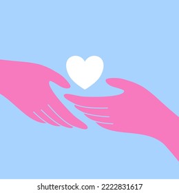 Loving hands with white heart in flat vector illustration.