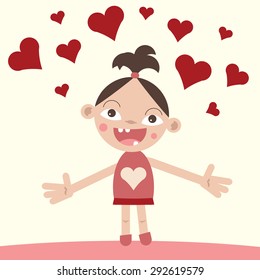 Loving happy baby girl, she wears a dress, her arms are wide open and red hearts are floating over her head.