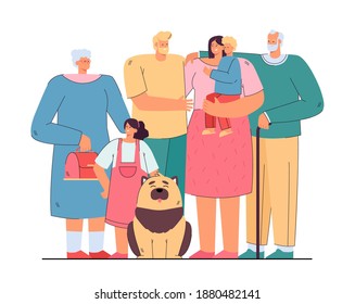 Loving happy big family standing together isolated flat vector illustration. Cartoon mother, father, grandpa, grandma, children and dog. Generation and relationship concept