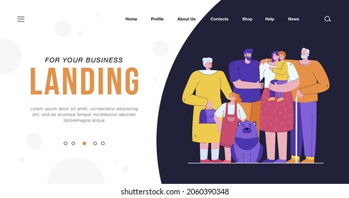 Loving happy big family standing together isolated flat vector illustration. Cartoon mother, father, grandpa, grandma, children and dog. Generation and relationship concept