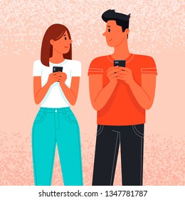 Loving happy couple chatting. Communication in social networks. The guy and the girl communicate by phone. Vector illustration in flat style