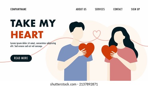 Loving Happy Couple with Dating Apps Landing Page Template. Man and woman holding heart. Valentine, love, Relationship, Romantic dating concept. Flat Vector web page design for website and mobile.