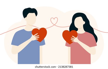 Loving Happy Couple hand holding hearts, giving it to each other. Valentine's day, love, Relationship, Romantic dating, relationship,  lifestyle concept. Flat vector isolated design illustrations.