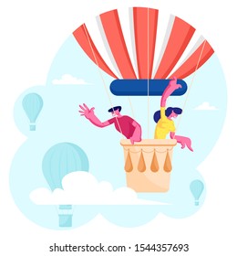 Loving Happy Couple Man and Woman Flying in Air Balloon in Cloudy Sky Looking Down on Earth. Romantic Newlywed Honeymoon Voyage, Valentine Day. Love Story Adventure Cartoon Flat Vector Illustration