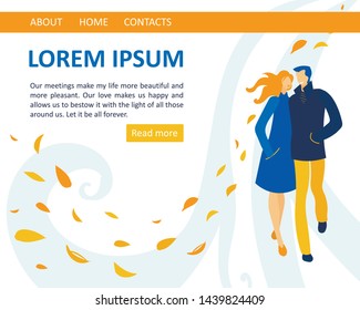 Loving Happy Couple Walking in Cold Autumn Day with Hands in Coat Pockets, Speaking, Enjoying Spare Time. Romantic Relations, Fall Day Promenade, Love, Dating. Cartoon Flat Vector Illustration, Banner