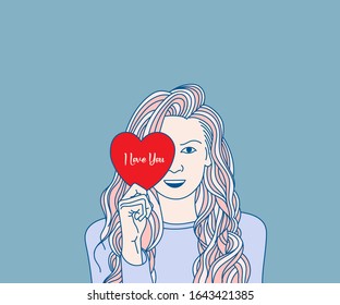 Loving happy girl holding heart. Vector drawing for Valentine's Day.