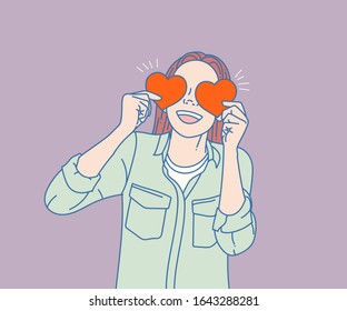 Loving happy young holding heart. Vector drawing for Valentine's Day.